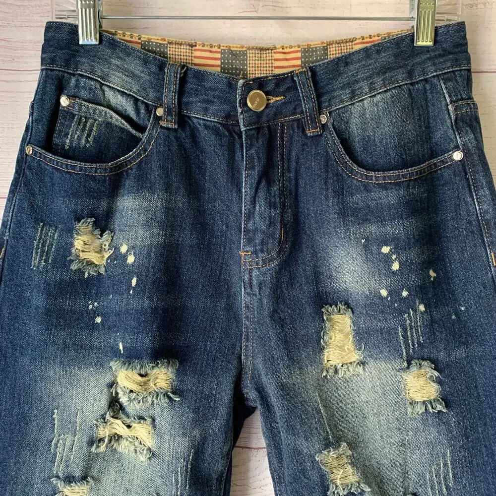 Qimu Fashion Mens Distressed Denim Jean Shorts Paint Splatter Size 30